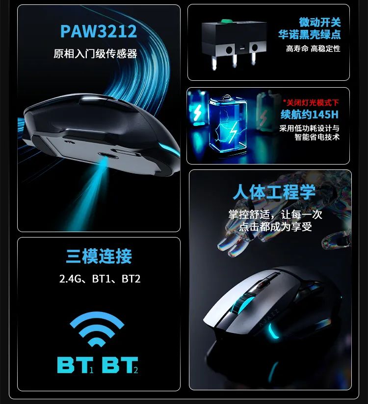 黑爵 AJ039 系列鼠标开售:有线 / 无线双版本、125Hz 回报率,首发 39 元起
