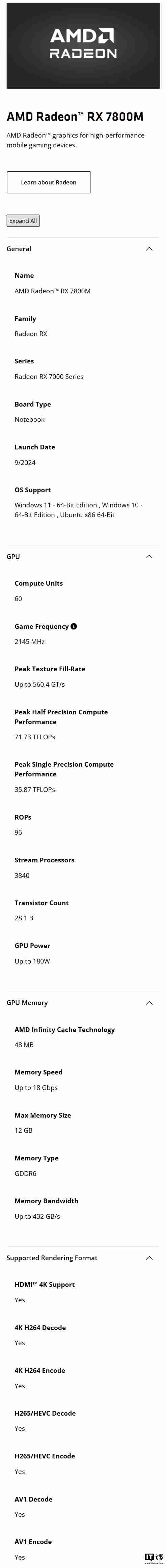 AMD RX 7800M 笔记本 GPU 现身官网:最高 2145 MHz,12GB GDDR6 显存
