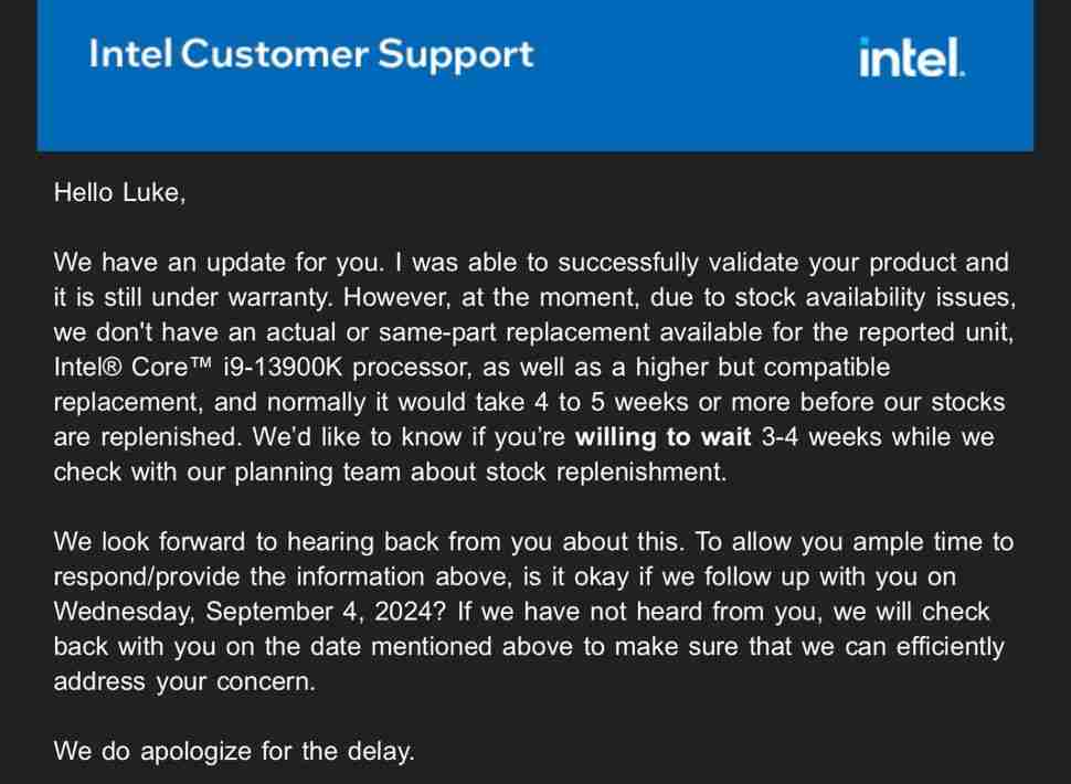 英特尔 Core i9-13900K / 14900K 被曝缺货,部分用户需等待数周更换故障处理器
