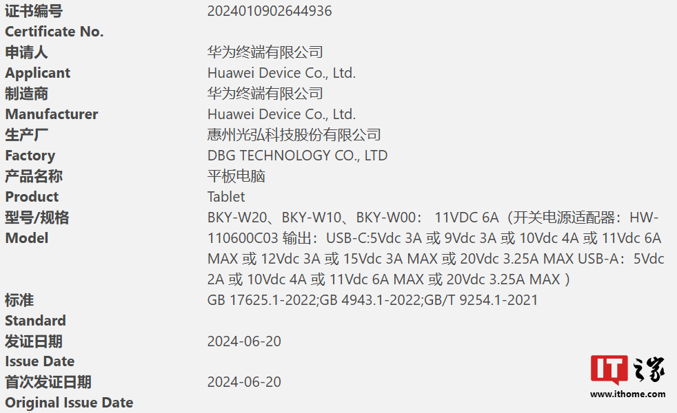 标配 66W 充电器、支持星闪,华为新款平板 BKY-W00 通过 3C 认证