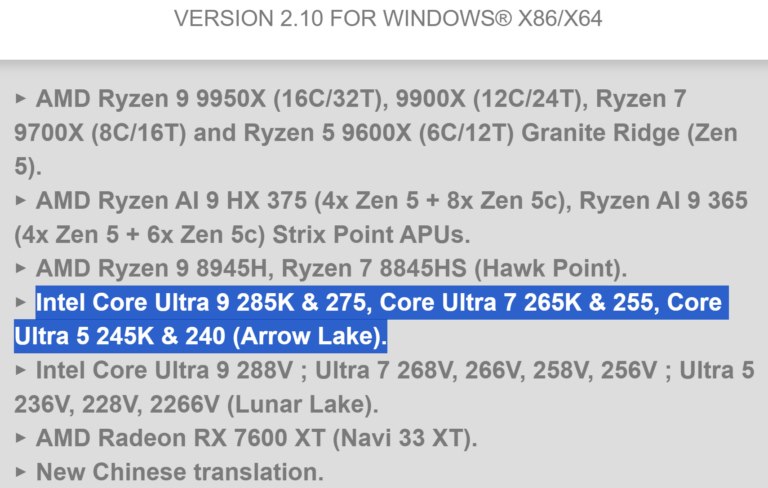 CPU-Z 2.10 更新,确认英特尔酷睿 Ultra 9 285K 等 Arrow Lake-S 处理器