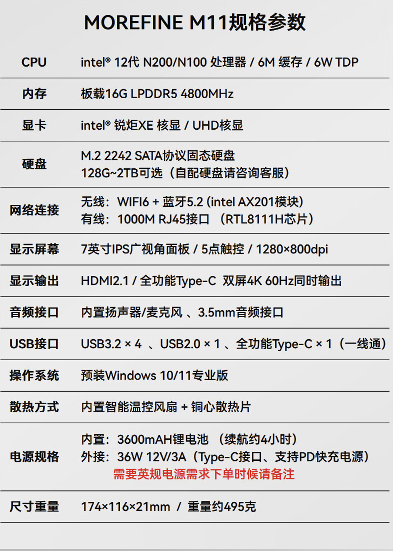 MOREFINE 摩方推出 M11 迷你主机:自带 7 英寸触控屏,可选英特尔 N100/200,1799 元起