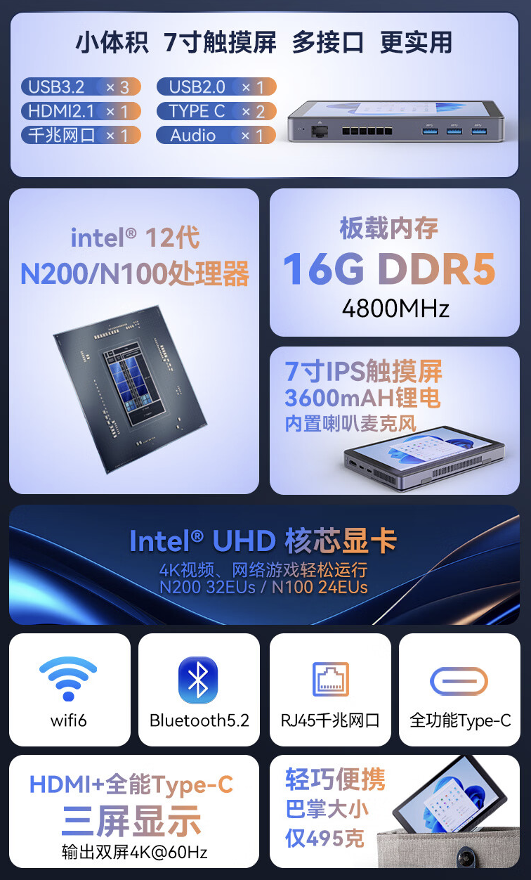 MOREFINE 摩方推出 M11 迷你主机:自带 7 英寸触控屏,可选英特尔 N100/200,1799 元起