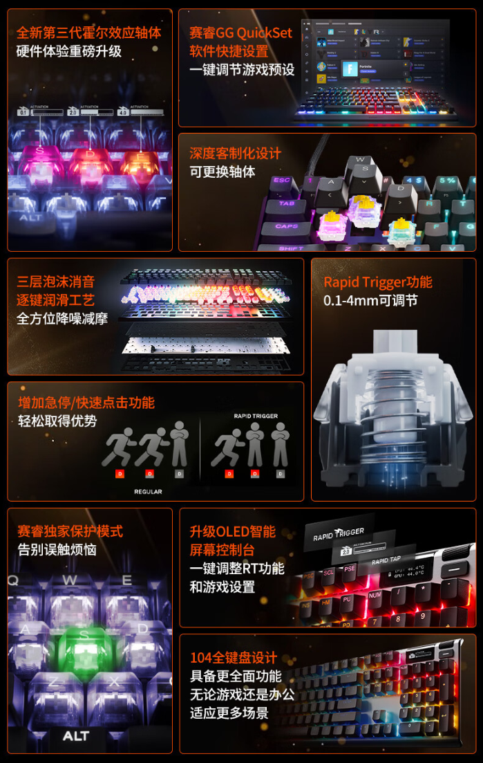 赛睿 Apex Pro Gen3 电竞磁轴键盘开启预售：霍尔效应轴体、OLED 屏控制台，首发 2399 元