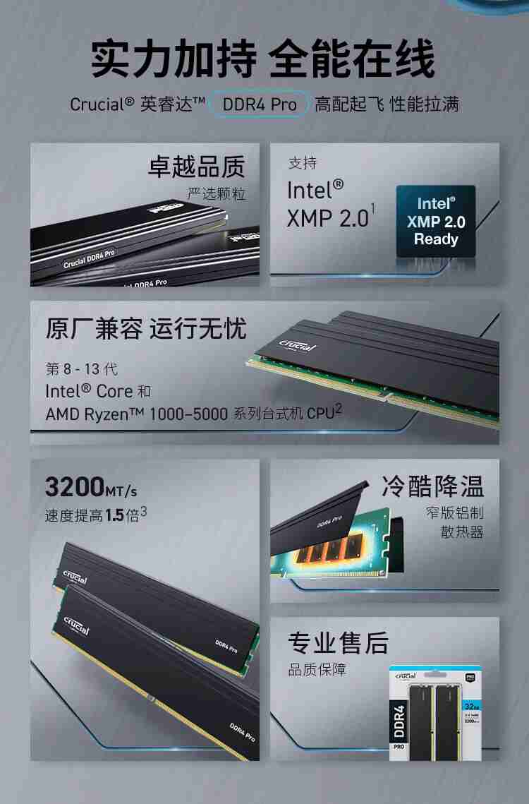 镁光原厂颗粒:英睿达 Pro 系列 DDR4 3200 内存 32G 套装 299 元秒杀