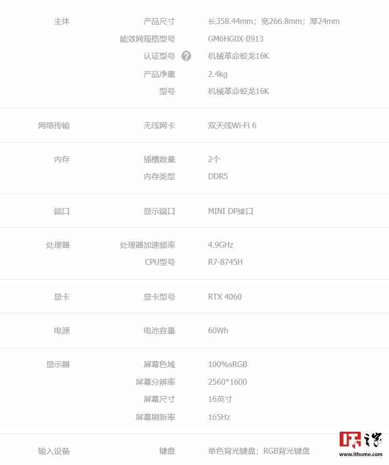 机械革命蛟龙 16K 笔记本新增“R7-8745H + 16G + 1T + RTX4060”配置开售，6299 元