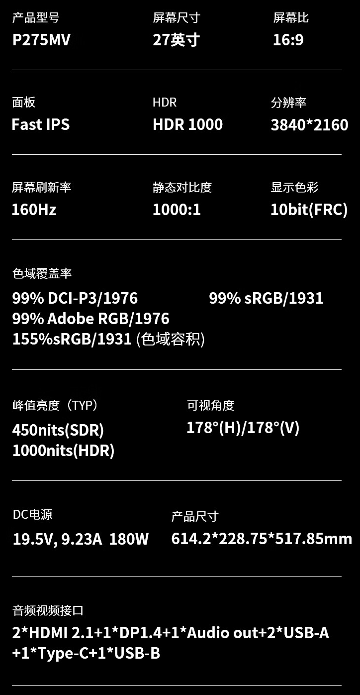 4K 160Hz Mini-LED：泰坦军团 P275MV 27 英寸显示器 2179 元 6 期免息
