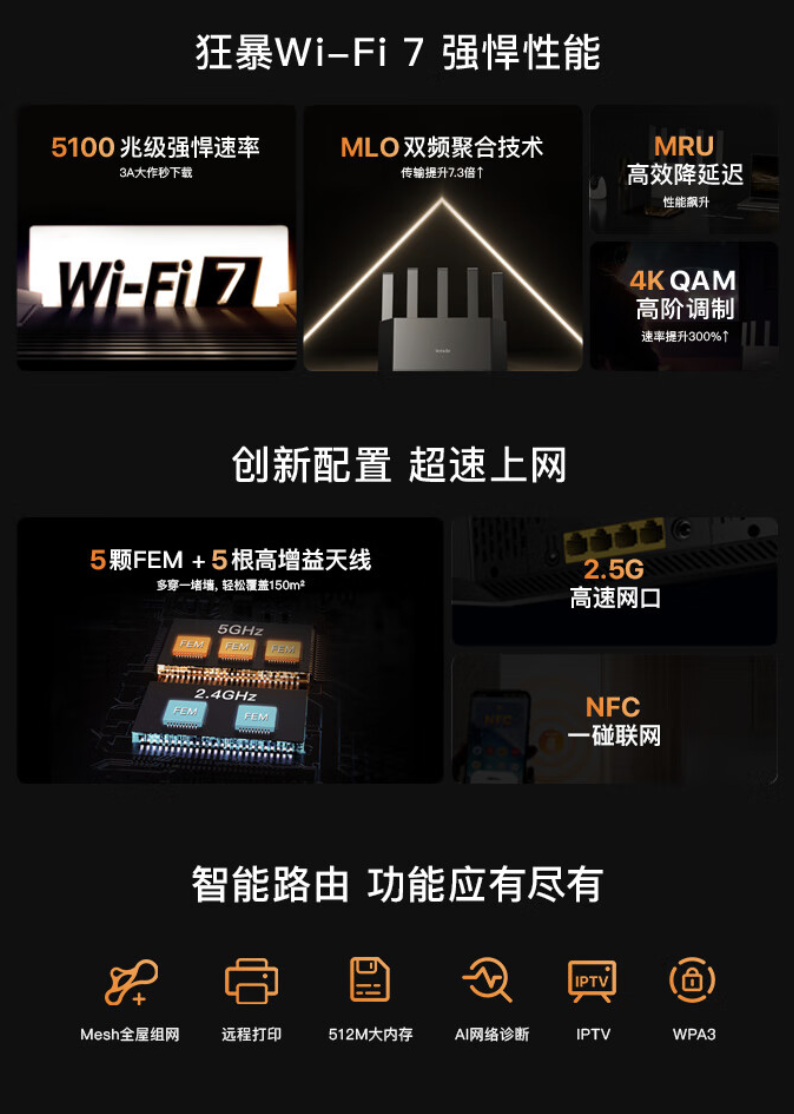 腾达云霄 BE5100 Wi-Fi 7 路由器开售：5 颗 FEM、NFC 一键联，209 元