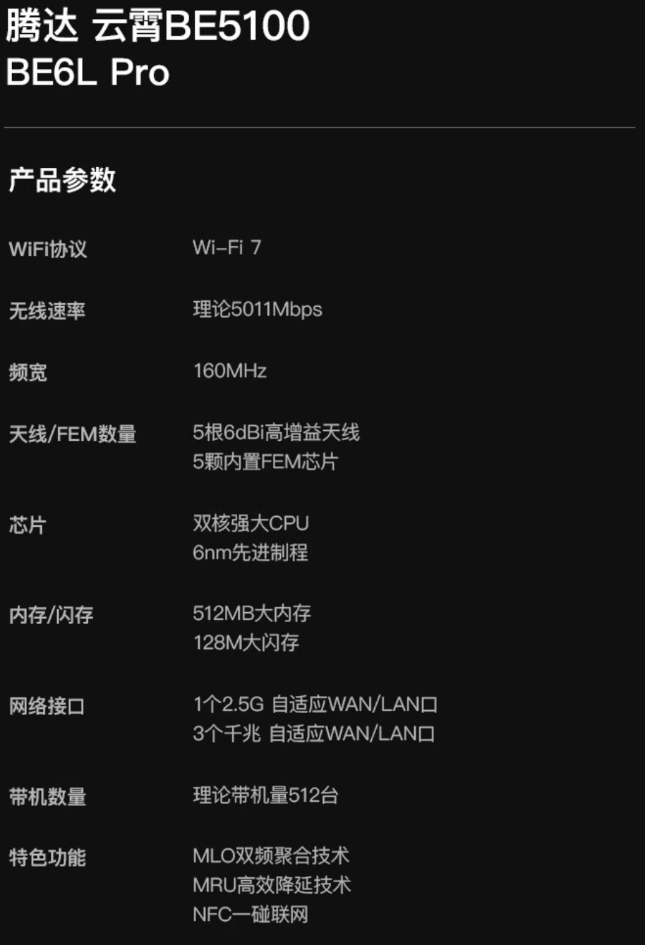 腾达云霄 BE5100 Wi-Fi 7 路由器开售：5 颗 FEM、NFC 一键联，209 元