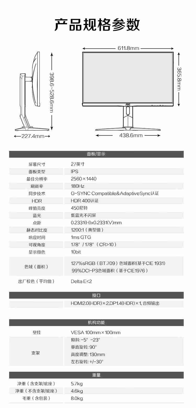 2K 180Hz，AOC 27 英寸钢炮 MAX 电竞显示器 942 元百亿补贴