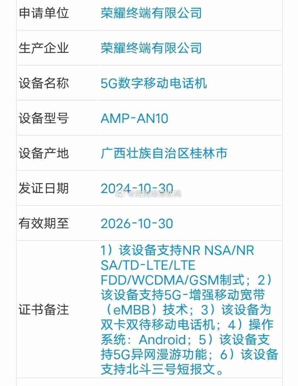支持北斗消息!荣耀 300 Pro+ 正式入网