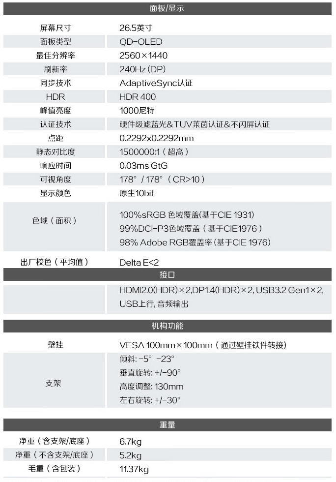 AOC 推出“AG276QZD2”26.5 英寸显示器:2K 240Hz QD-OLED,4299 元