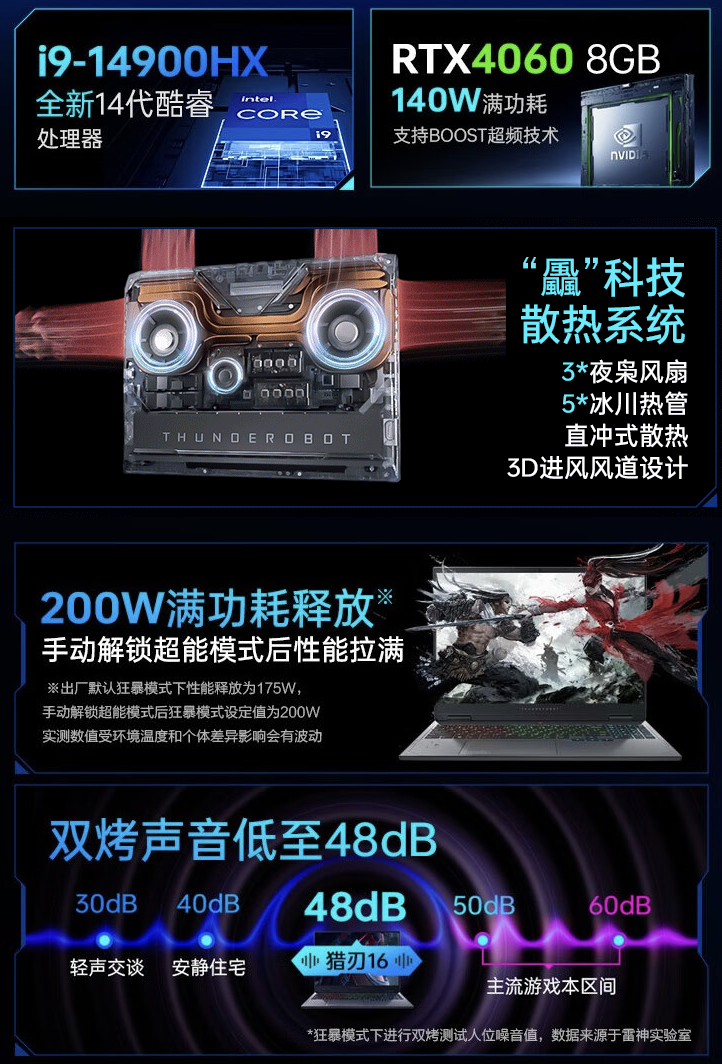 雷神猎刃 16 游戏本新增“i9-14900HX + 16G + 1T + RTX4060”配置售 8799 元