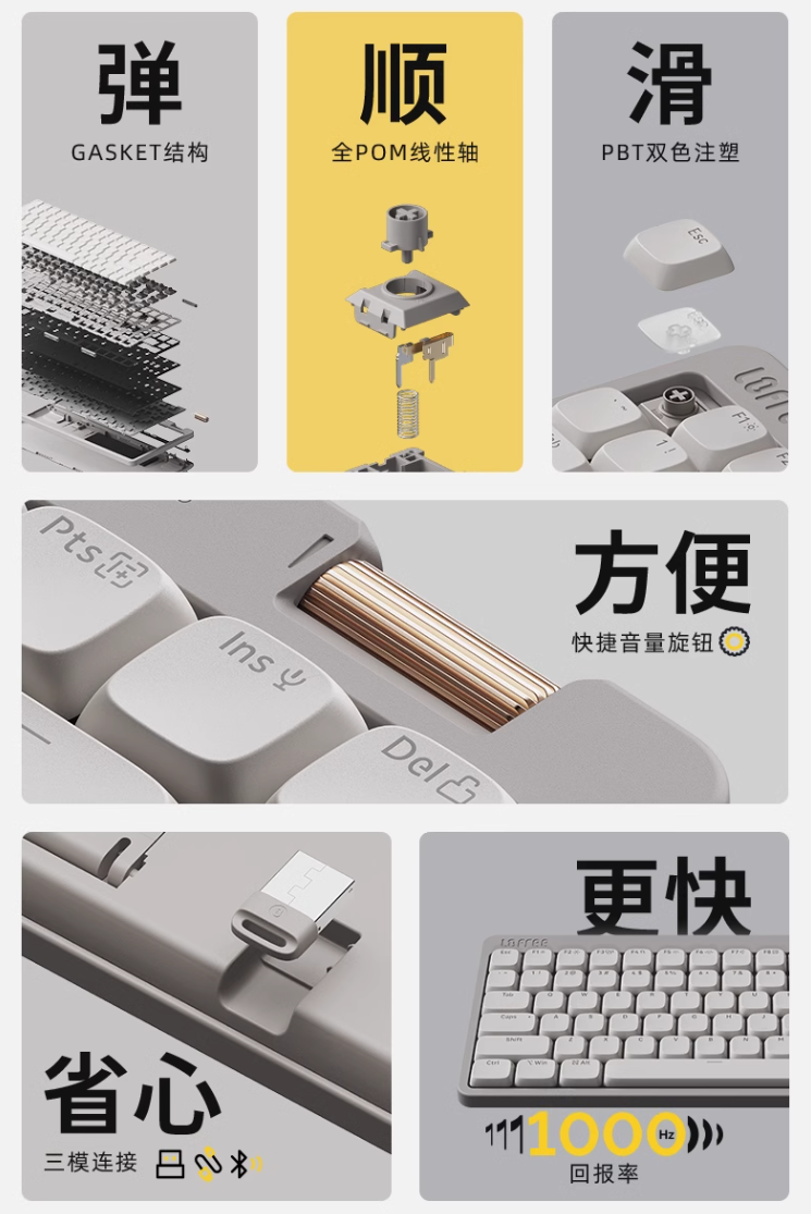 洛斐 FLOW LITE 小顺青春版矮轴机械键盘开售:Gasket 结构、三模连接,399 元起