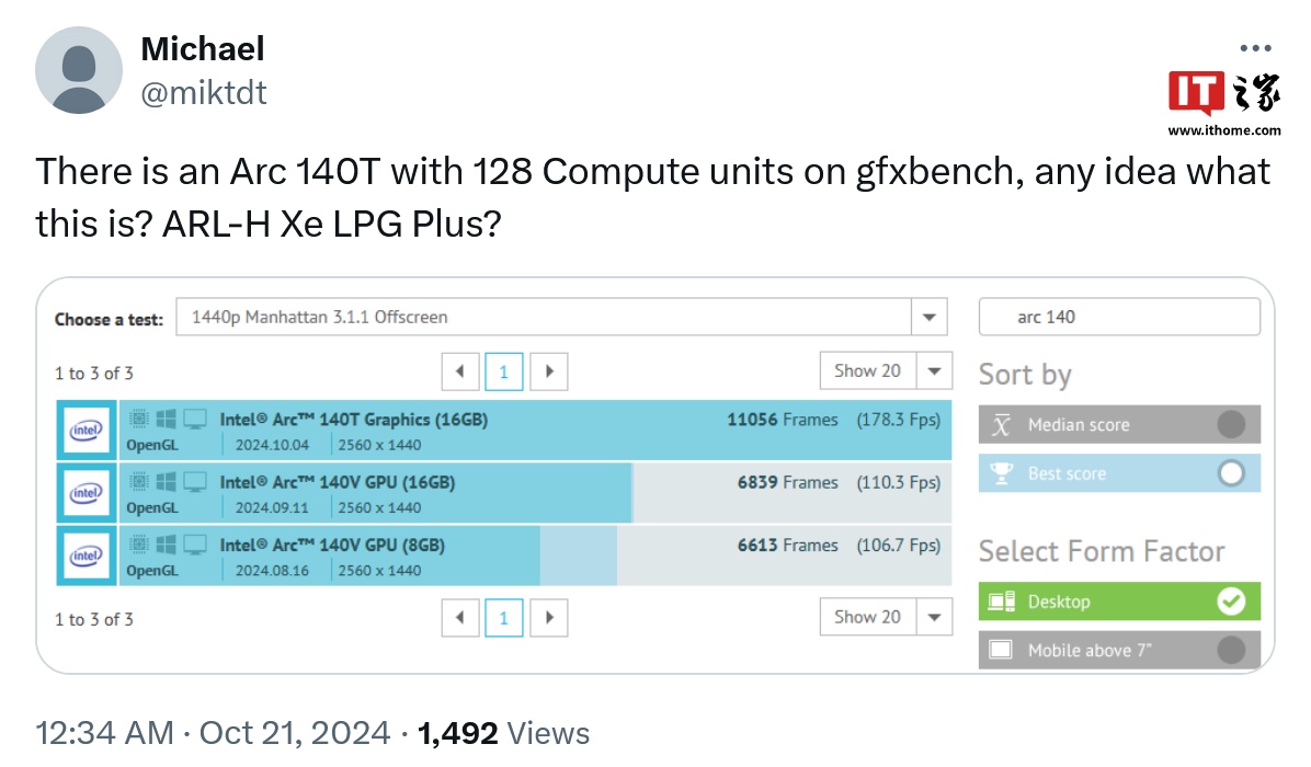 神秘英特尔锐炫 140T 核显现身 GFXBench 数据库，跑分优于锐炫 140V