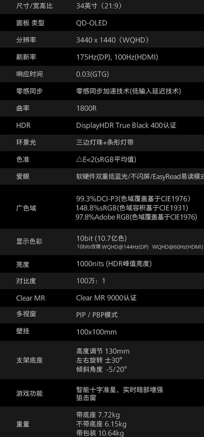 飞利浦推出“34M2C6500”34 英寸带鱼屏显示器:1440P 175Hz QD-OLED,3999 元