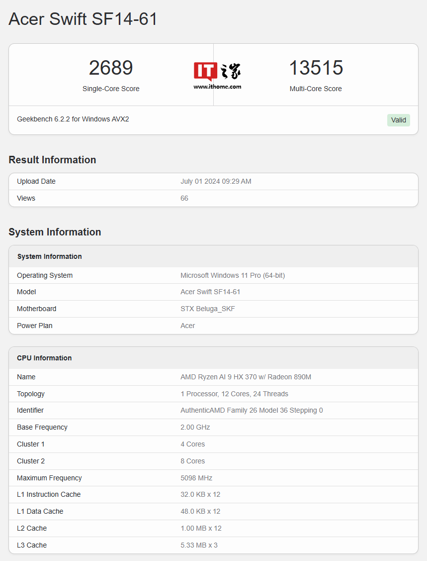 搭载锐龙 AI 9 HX 370 处理器，宏碁新款 Swift 14 SF14-61 笔记本现身 Geekbench