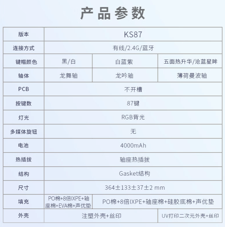 红龙 KS87 三模机械键盘上架：Gasket 结构、4000 毫安时电池，148 元