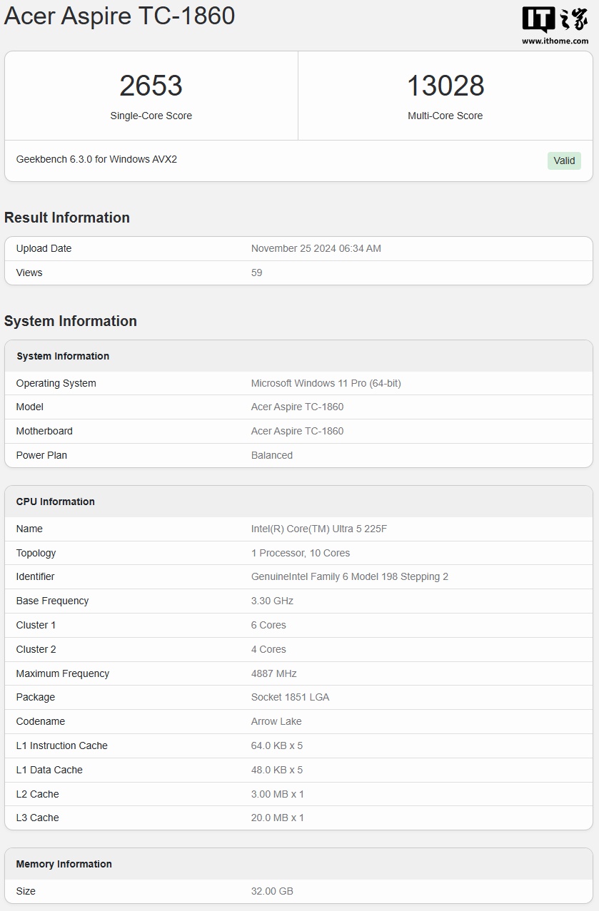 英特尔酷睿 Ultra 5 225F 处理器现身 Geekbench，略强于 i5-13600