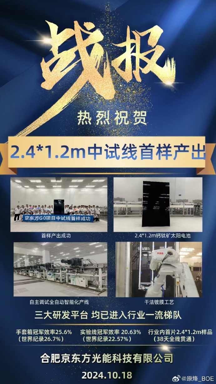 京东方成功产出钙钛矿光伏行业首片 1.2m*2.4m 最大尺寸组件，用于太阳能电池领域