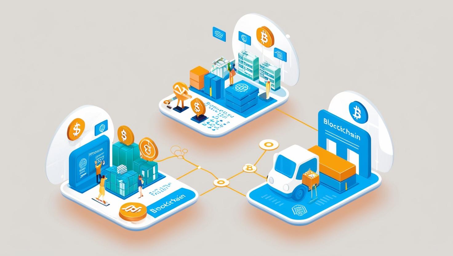 Showing blockchain technology applied in various industries such as 3D finance, 3D supply chain, and 3D healthcare in a light style, no more element, no text.jpg