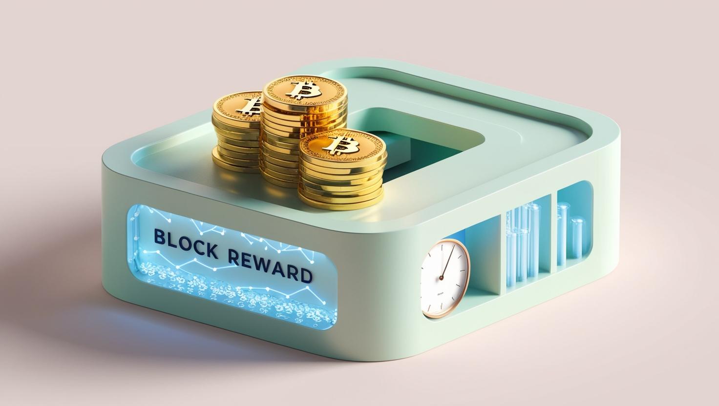 3D Bitcoin block with three sections_ block reward (coins), block size (data capacity), and block time (clock) in a light style, no more element, no word.jpg
