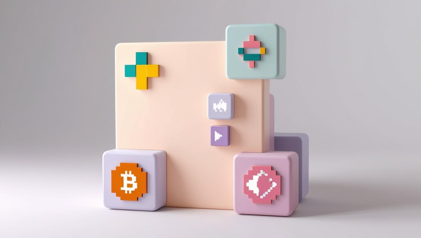 3D  NFT with pixelated art and blockchain icons in a light style, no more element, no word (1).jpg