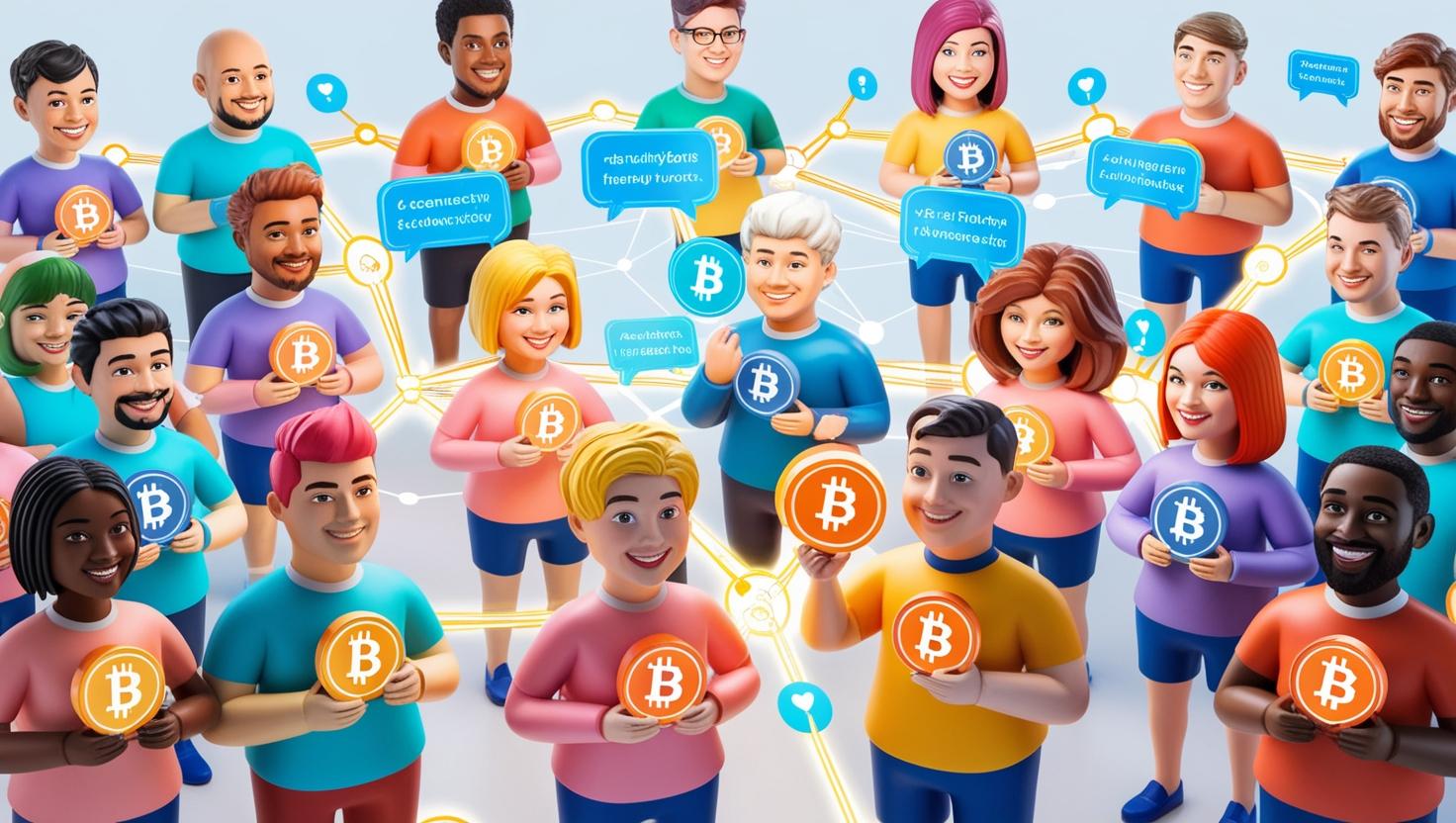 A diverse group of 3D avatars holding cryptocurrency icons, connected through digital blockchain nodes, with speech bubbles and social network graphics  in a light style, no more element.jpg