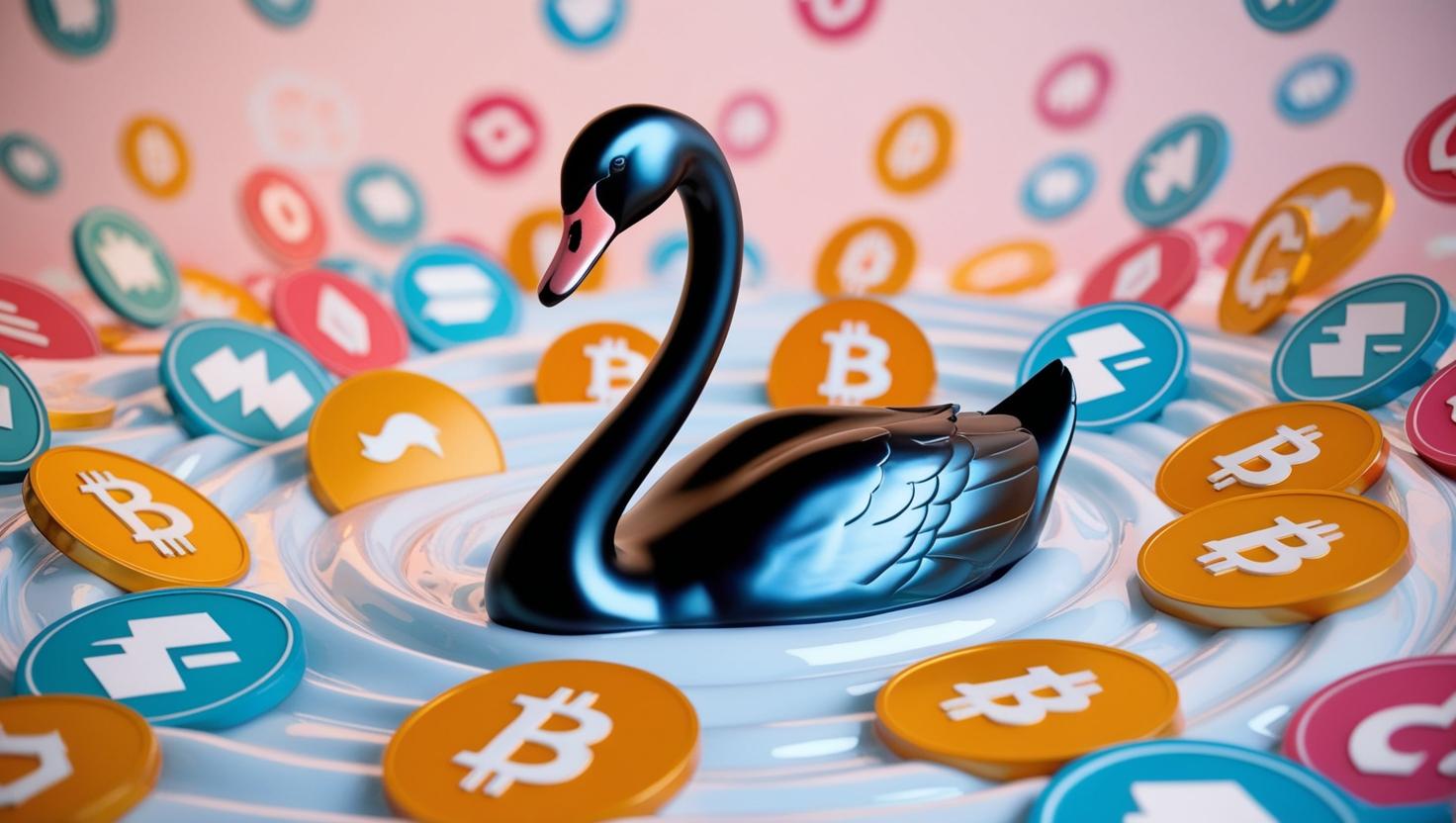 3D visualization of a black swan emerging from a sea of cryptocurrency logos, representing an unexpected market crash or disruption in a light style, no more element, no text.jpg