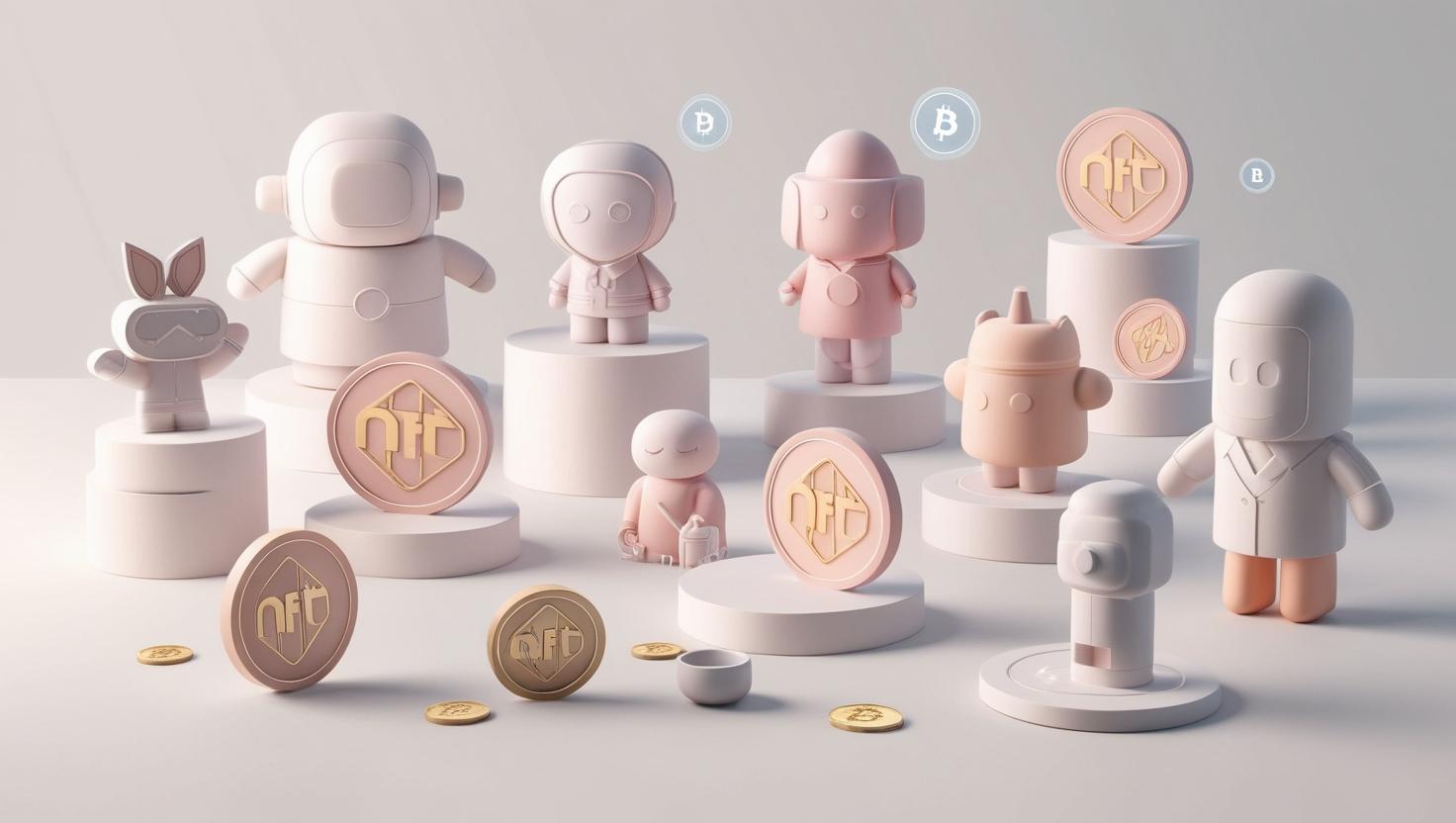 3D NFT gaming assets (characters, items) with blockchain icons in a light style, no more element, no word.jpg