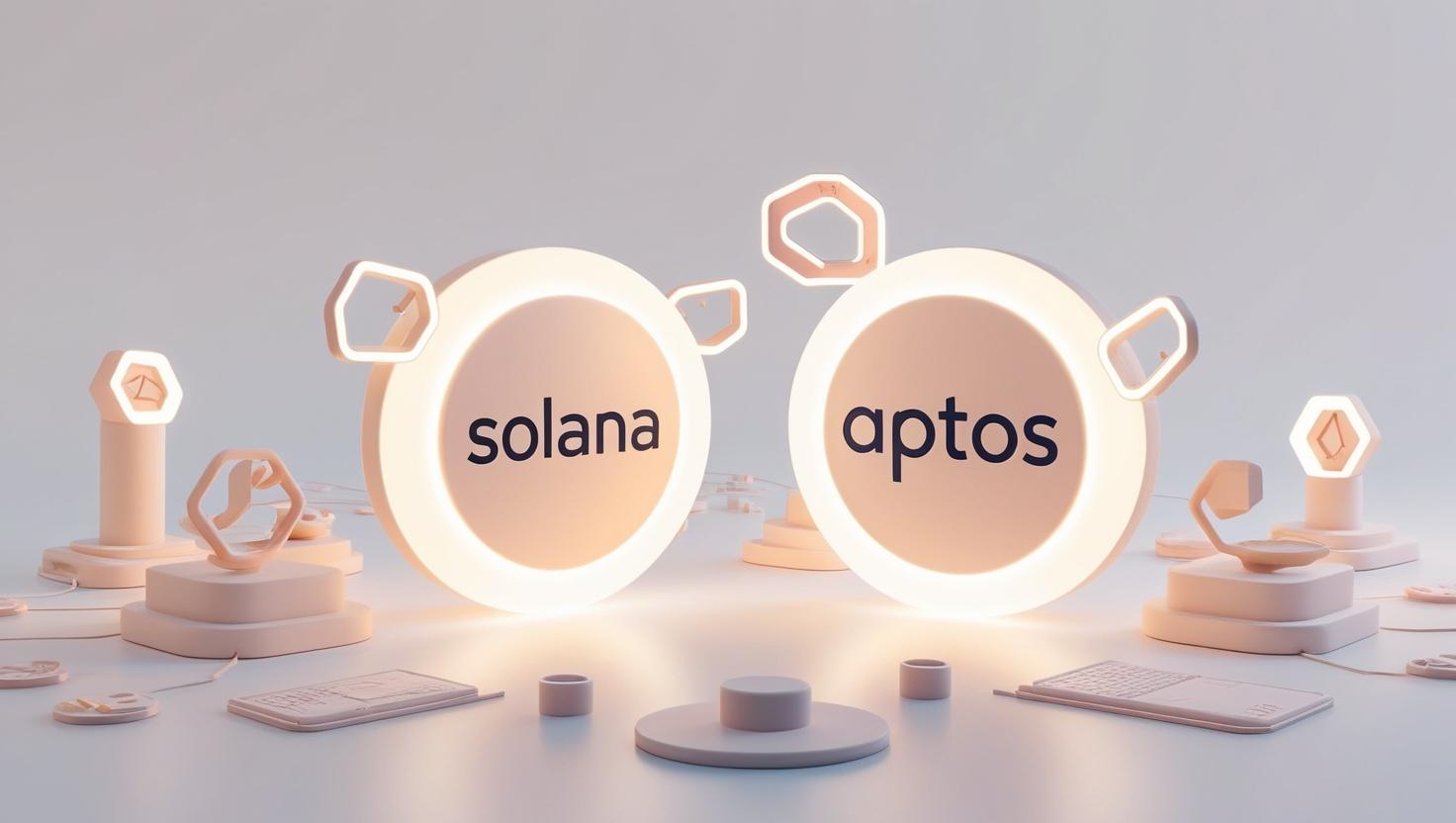 3D Glowing Solana and Aptos logos with developer tools and blockchain nodes in  a light style, no more element, no word.jpg