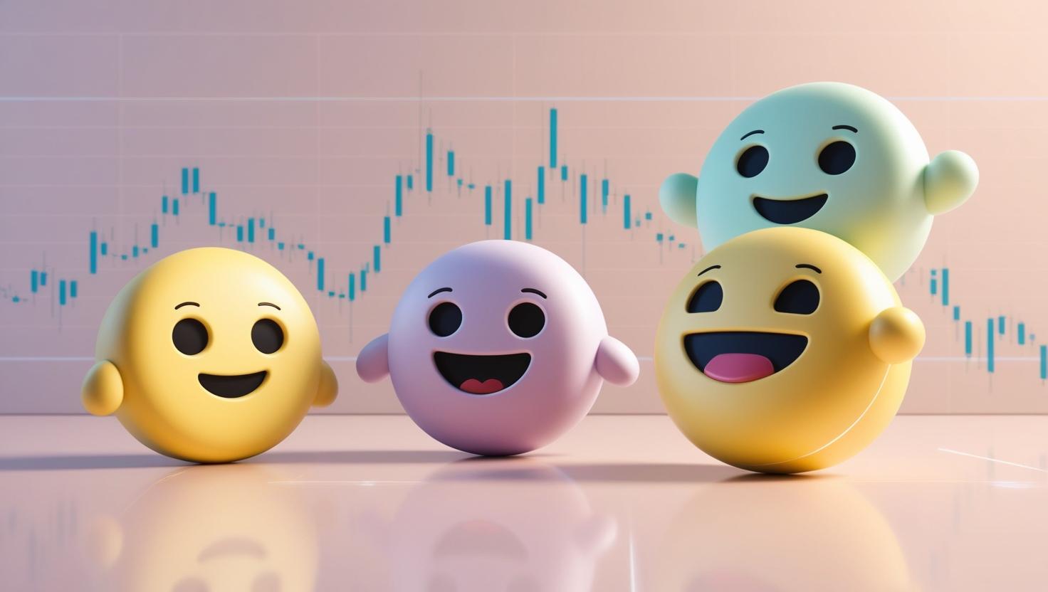 3D visual of FUD, FOMO, and REKT terms represented by emoticons , with fluctuating crypto charts in the background  in a light style, no more element, no text.jpg