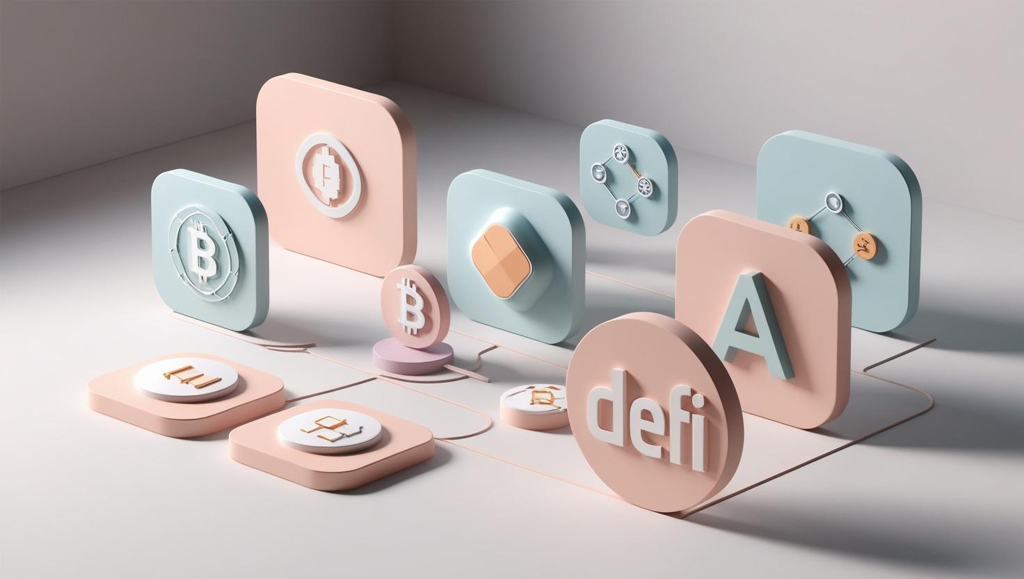 3D DeFi and AI integration with blockchain and machine learning icons in a light style, no more element, no word.jpg