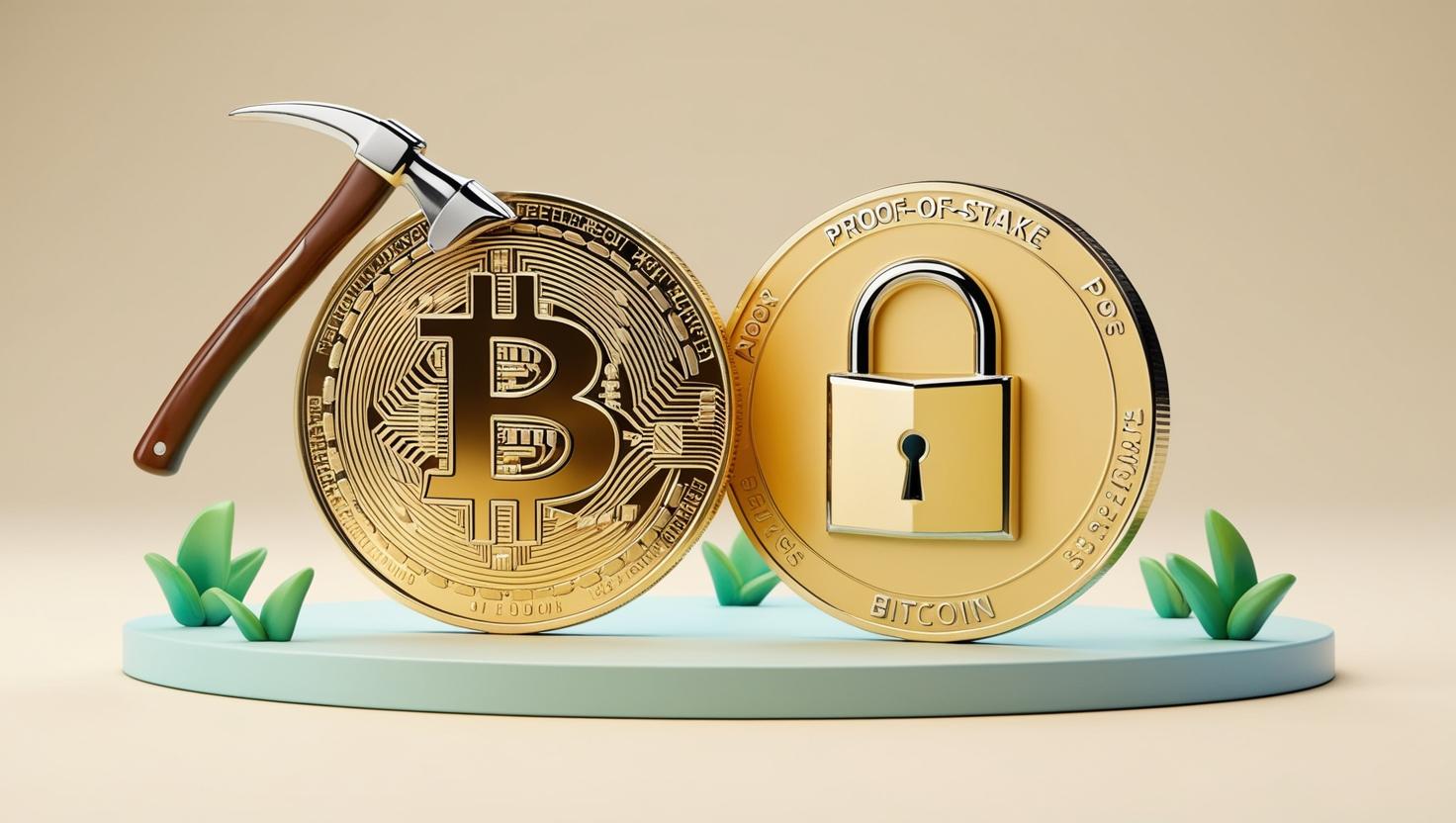 3D Bitcoin with pickaxe (PoW) and staking coin with lock symbol (PoS) in a light style, no more element (1).jpg