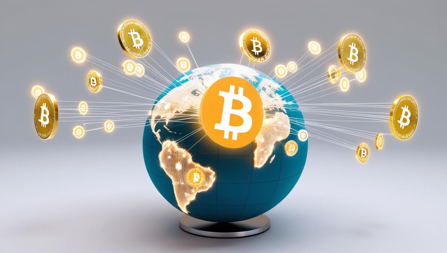3D globe with multiple decentralized ledger technology (DLT) networks expanding beyond Bitcoin, showing different crypto assets in a light style, no more element, no text.jpg