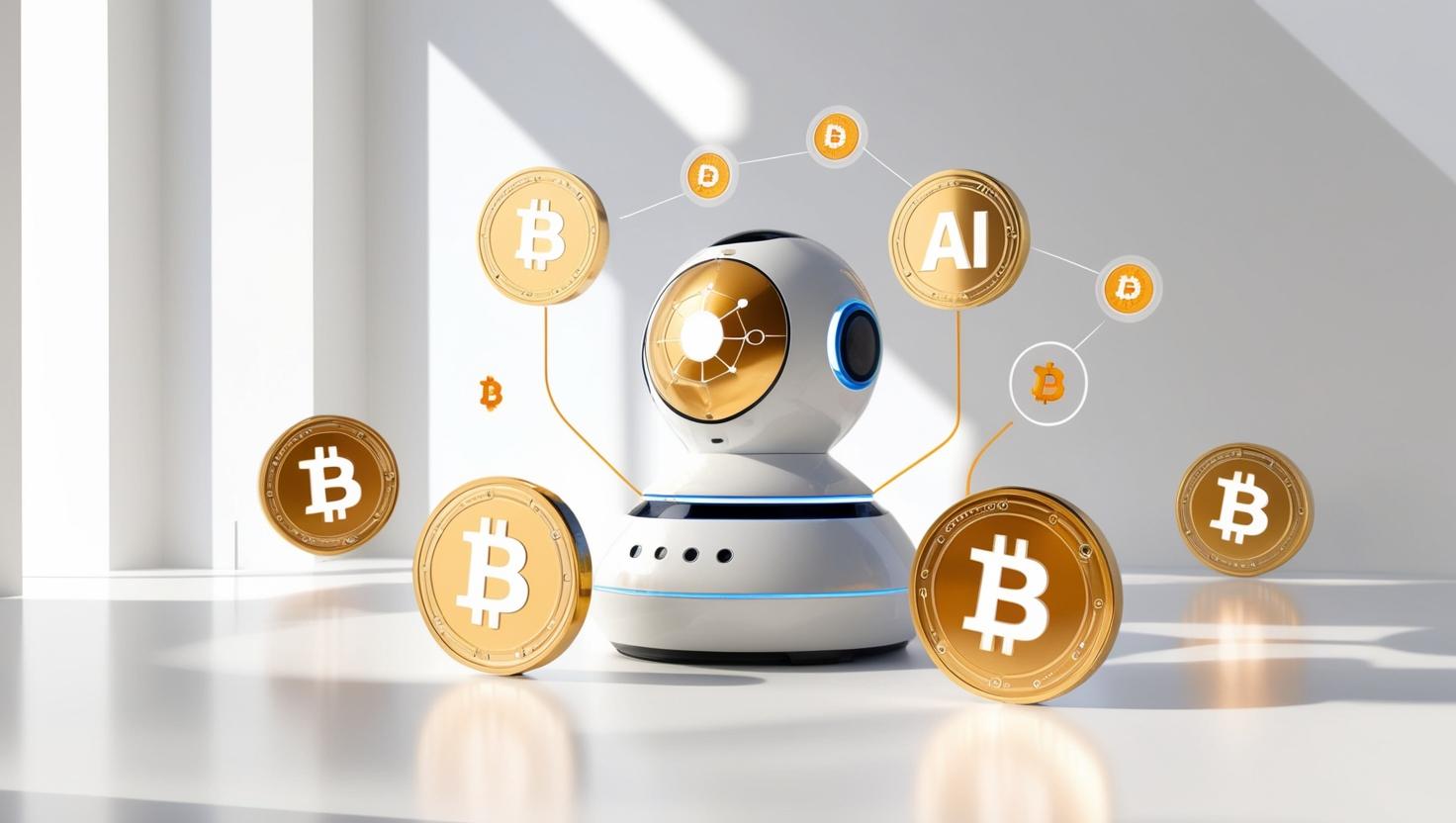 3D AI  integrated with blockchain network, DeFi icons and digital coins in a light style, no more element, no word.jpg