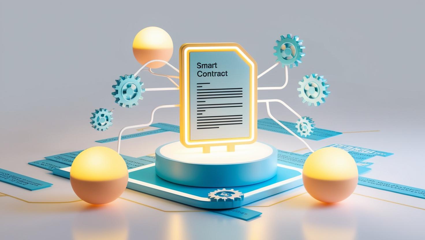 3D smart contract document icon connected to blockchain nodes, with gears representing automation and coding elements in a light style, no more element.jpg