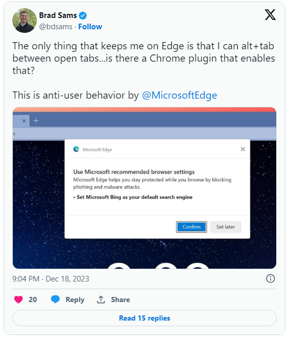 微软再次调整 Edge 浏览器：弹窗推荐其切换到 Bing 搜索引擎