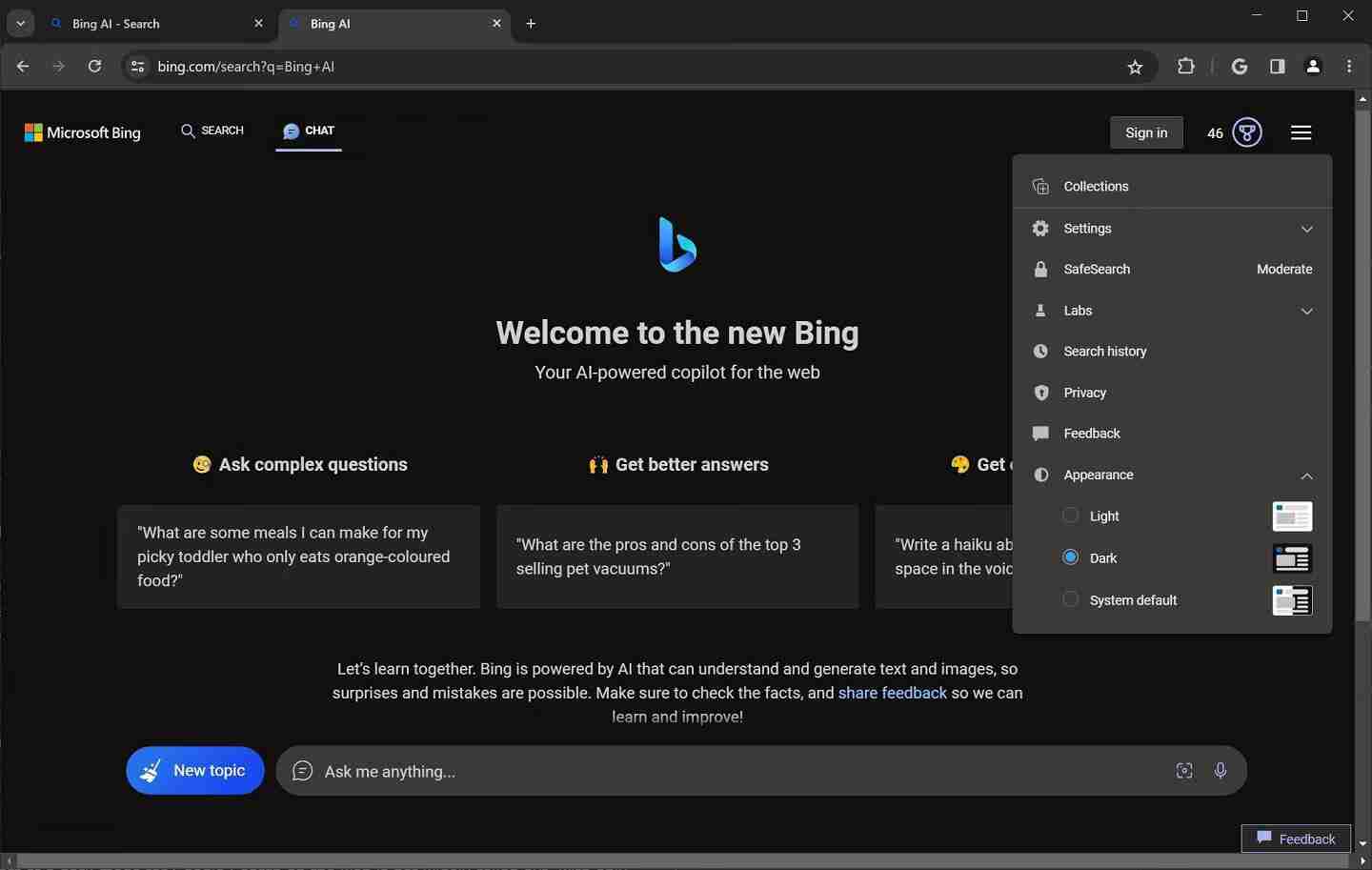 Windows 11下原生暗黑Bing AI正式支持Chrome和Safari