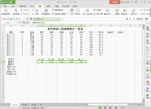 WPS统计学生成绩人数