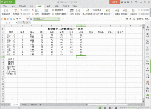 WPS统计学生成绩人数