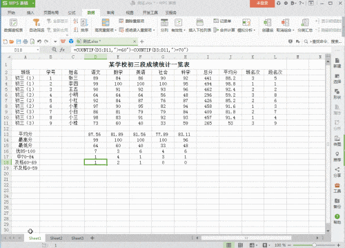 WPS统计学生成绩人数