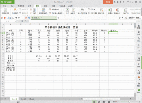 WPS统计学生成绩人数
