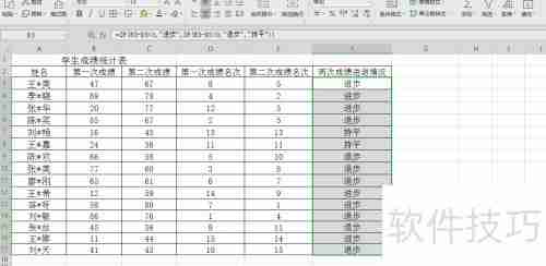 Excel统计学生两次成绩名次进退情况