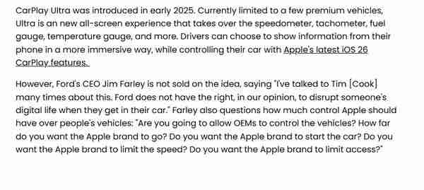  福特 CEO 回应不使用 CarPlay Ultra：不认可苹果策略 