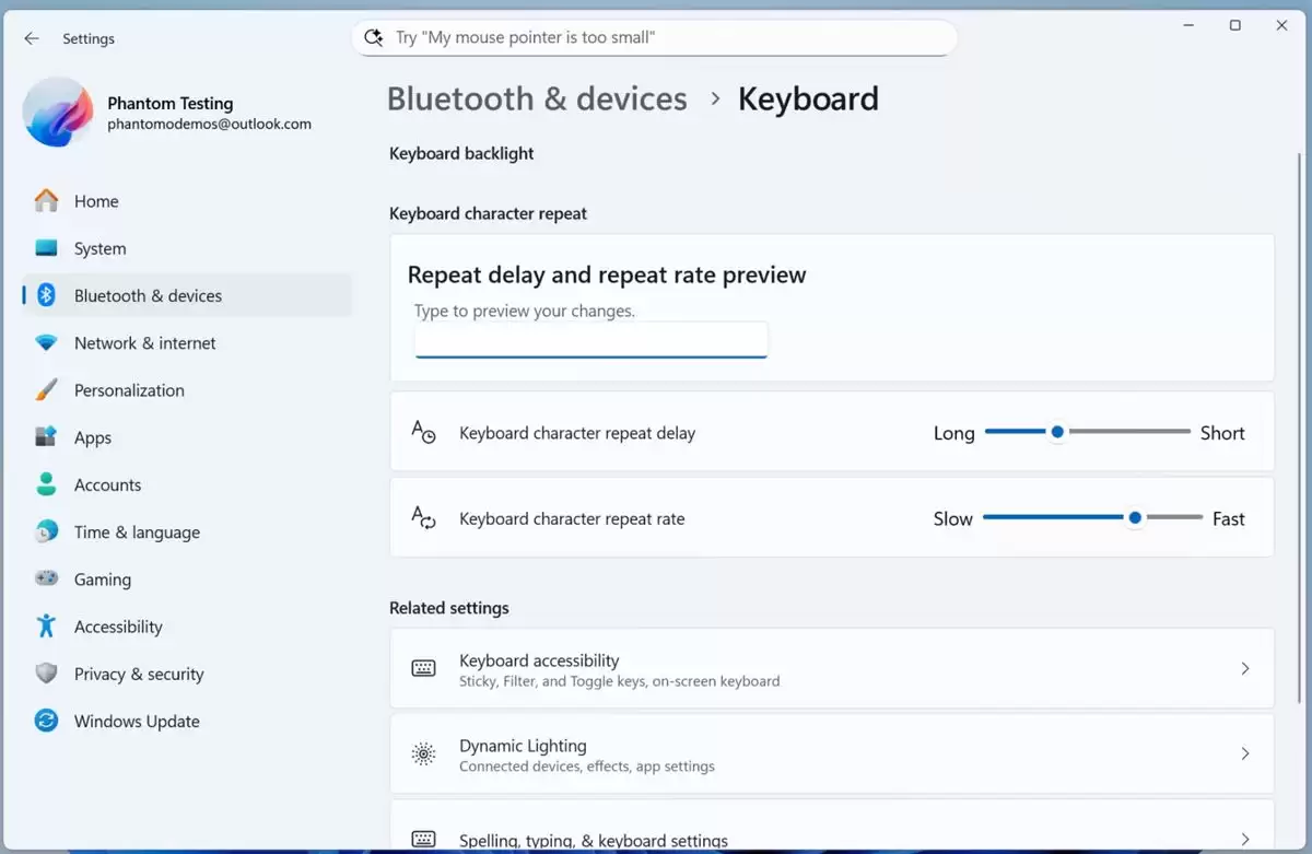 Win11最新预览版中将控制面板的键盘调节选项迁移到设置应用中