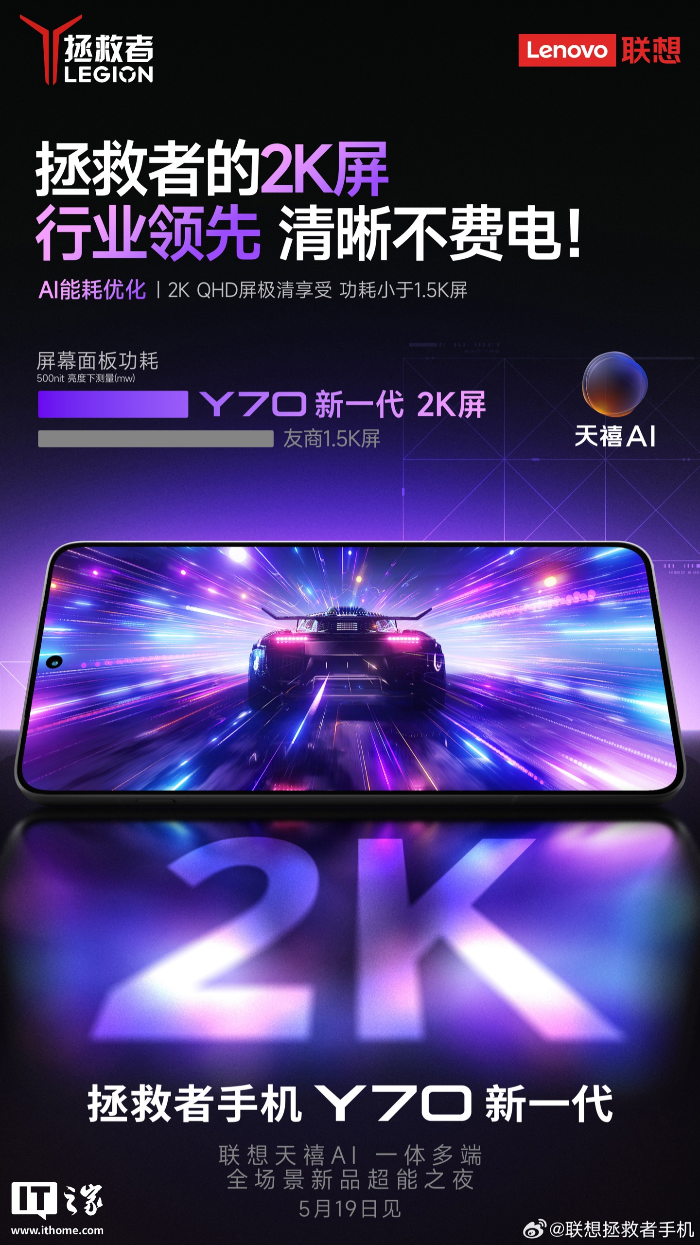 联想拯救者手机 Y70 新一代搭载 2K 猎速电竞屏,宣称功耗小于友商 1.5K 屏