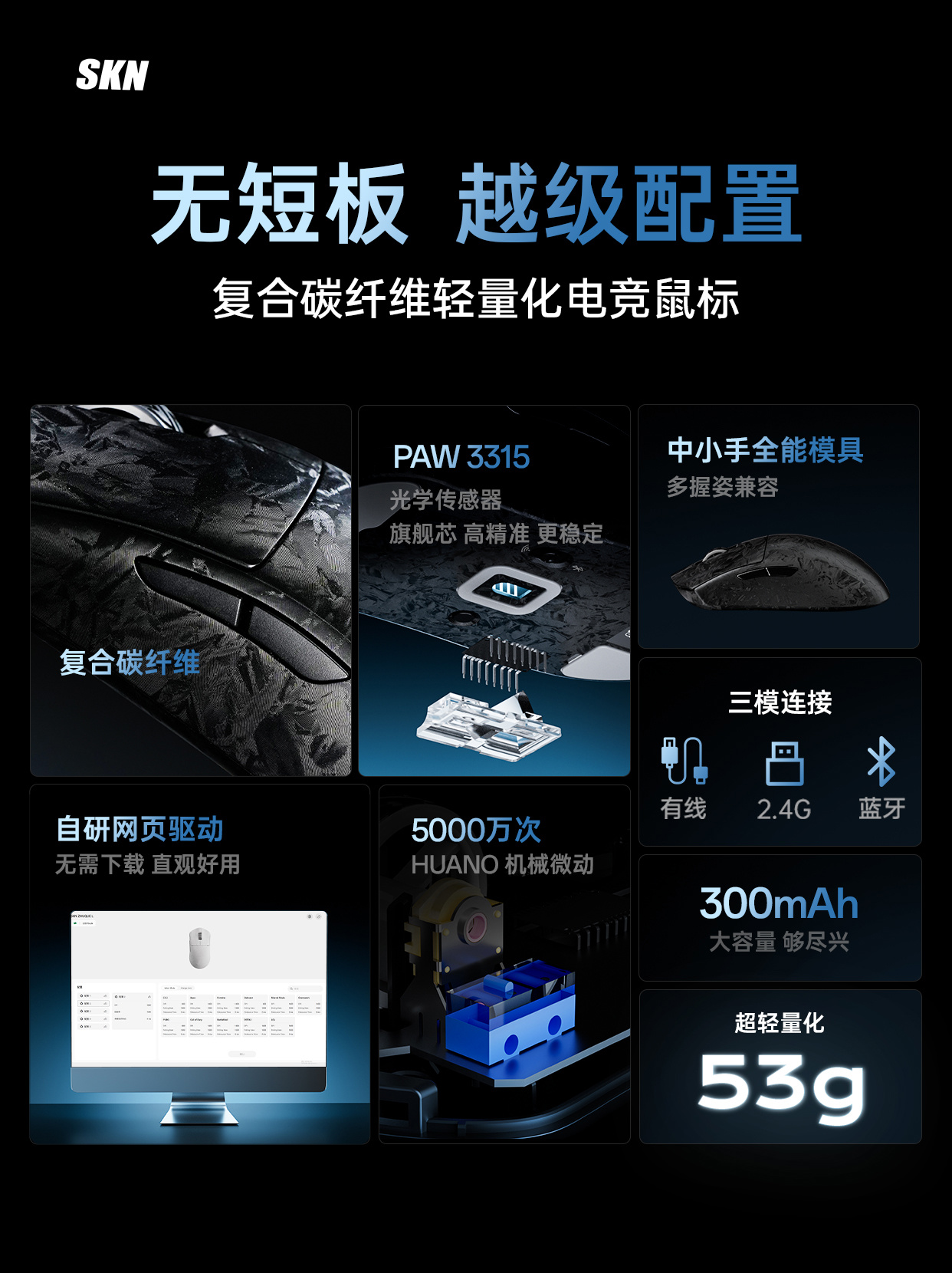 SKN 推出 59g 中小手鼠标朱雀-惊碳：复合碳纤维外壳，PAW3315