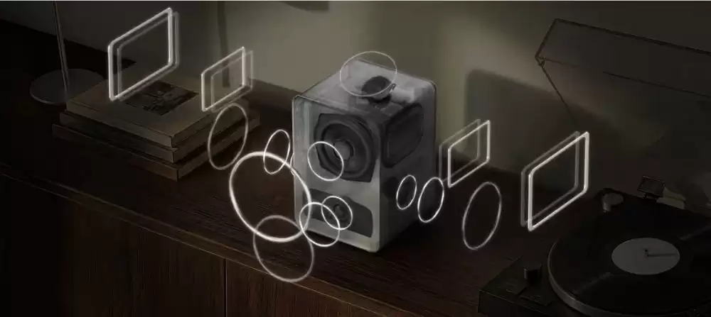 三星Music Studio画境艺术音响7系产品示意图，展示其设计及声场概念