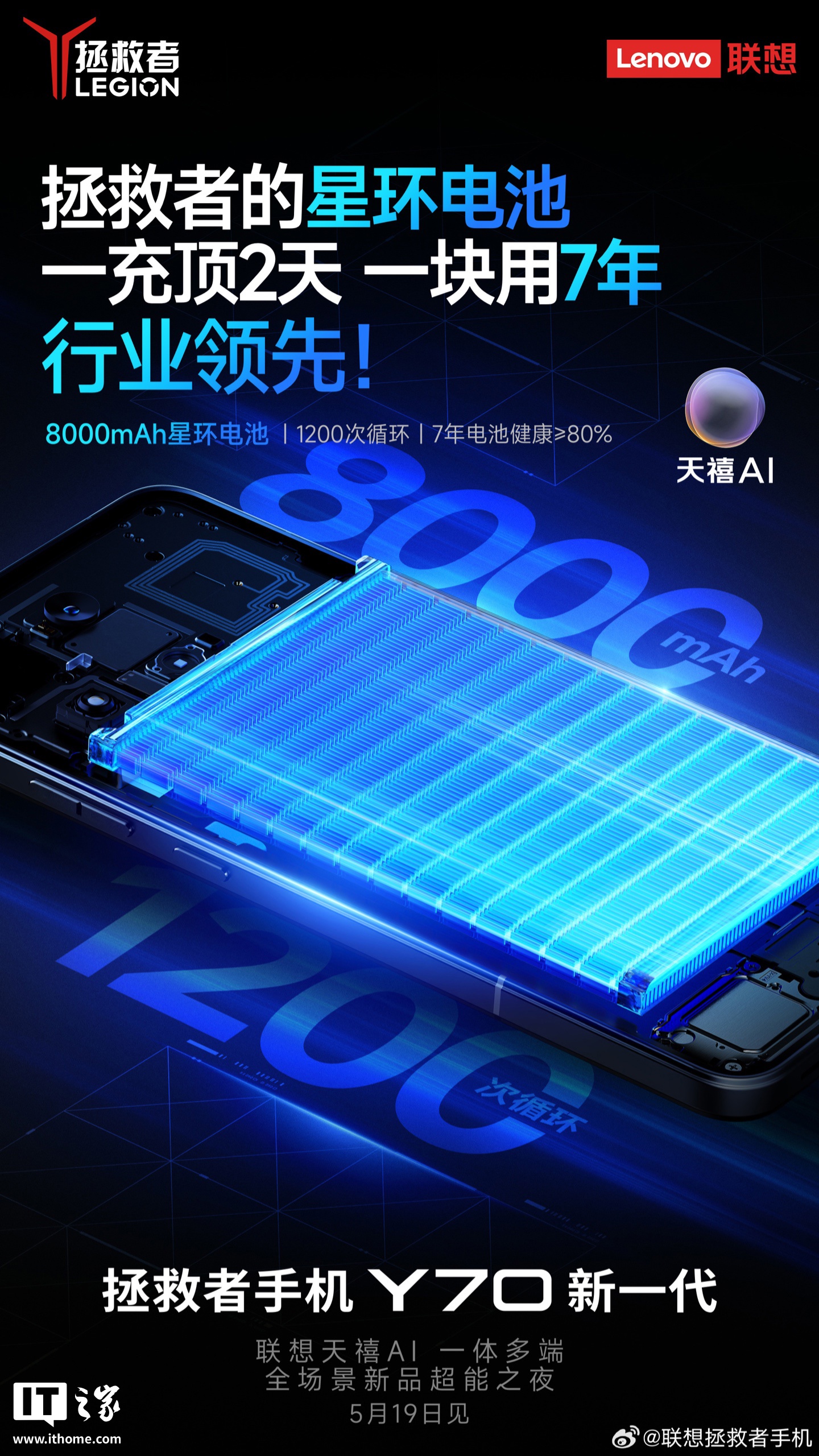 联想拯救者手机 Y70 新一代搭载 8000mAh 电池，7 年电池健康≧80%
